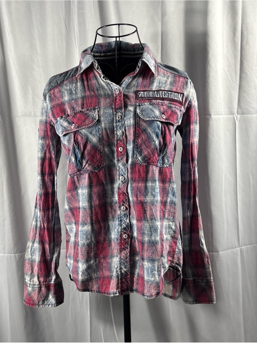 Affliction Red and Blue Plaid Button-Down Shirt